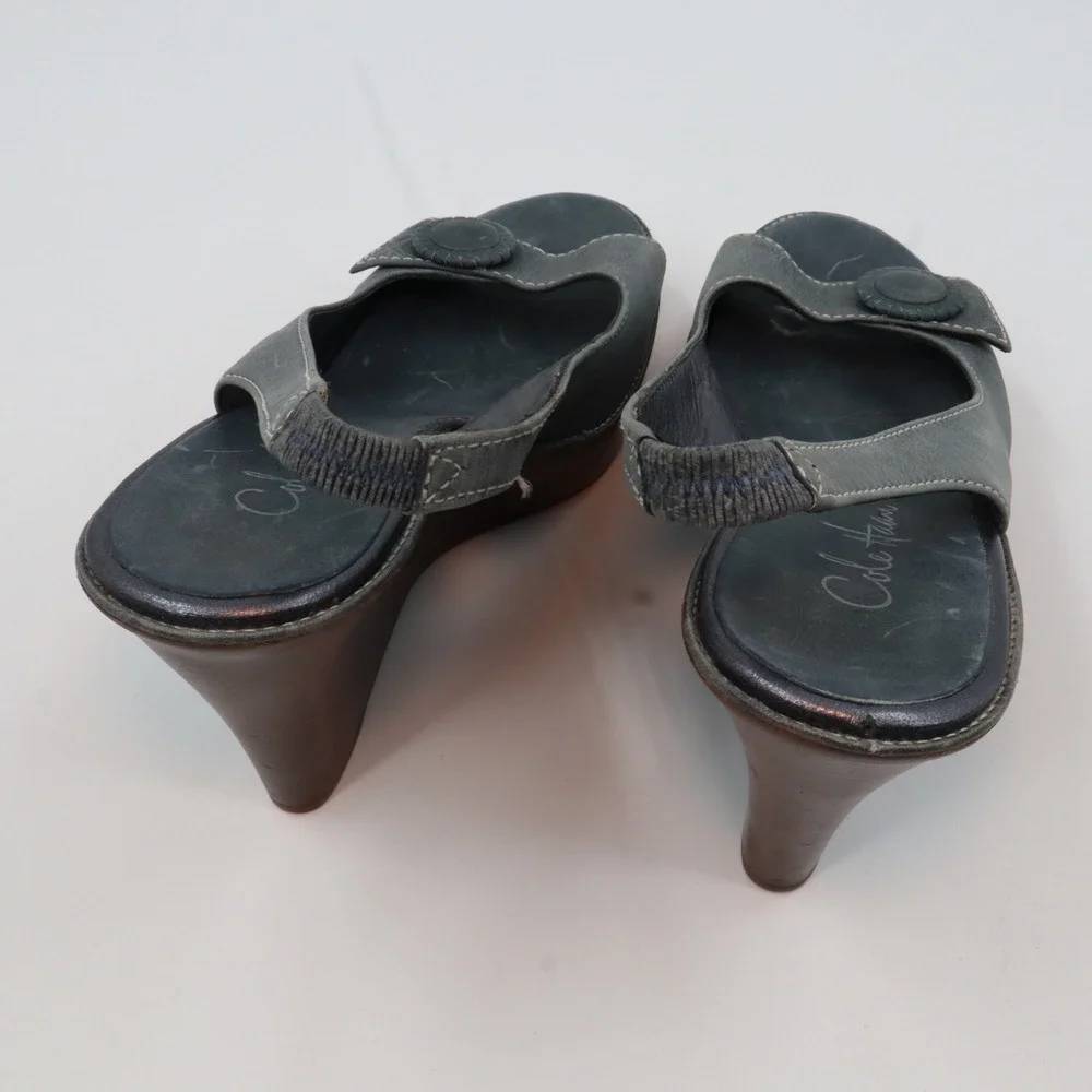 Cole Haan Wedge Sandals Womens 9 B‎ Slate Blue Leather Peep Toe Slingback D21178
